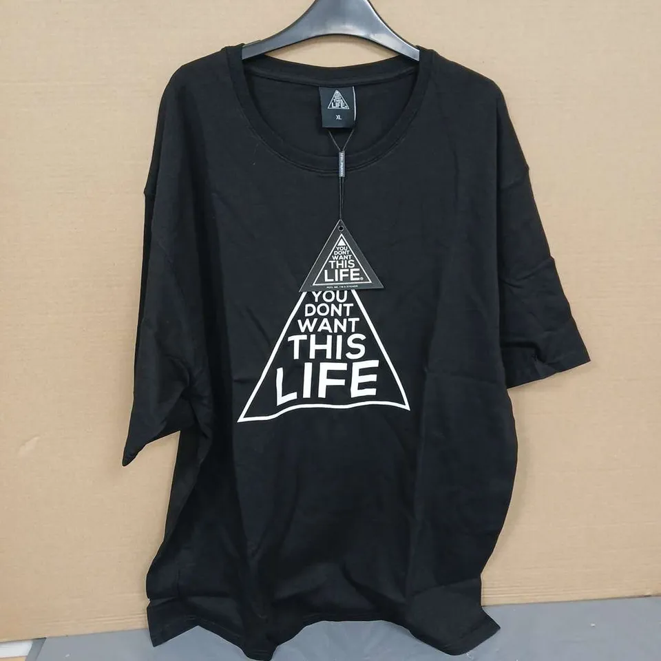 APPROXIMATELY 18 ITEMS OF T SHIRTS AND HOODIES , ALL YOU DON'T WANT THIS LIFE BRAND IN VARIOUS SIZES BLACK AND WHITE .