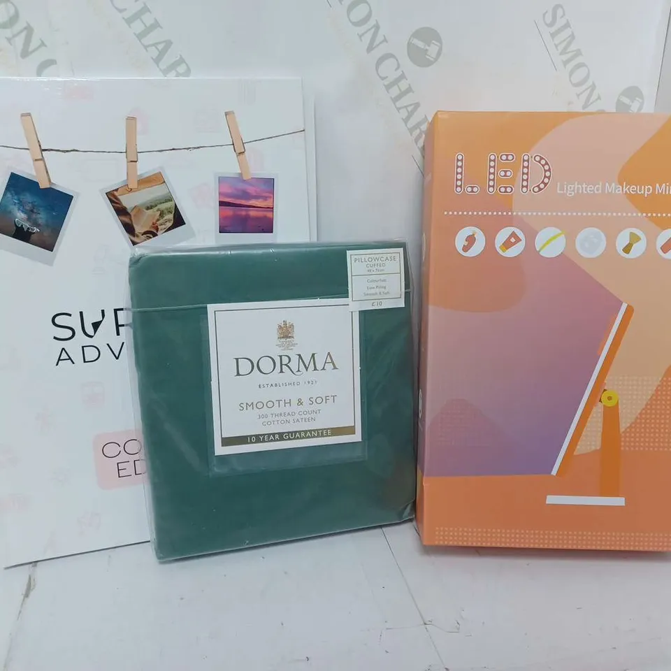 APPROXIMATELY 15 ASSORTED HOUSEHOLD ITEMS TO INCLUDE LED LIGHTUP MAKEUP MIRROT, DORMA PILLOWCASE, COUPLES EDITION JOURNAL, ETC