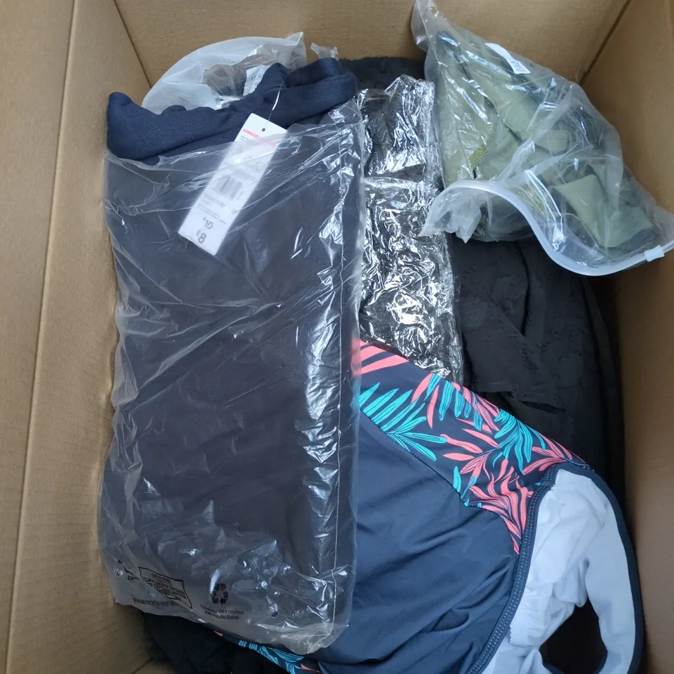 BOX OF APPROXIMATELY 10 ASSORTED CLOTHING ITEMS IN VARIOUS COLOURS, SIZES AND STYLES