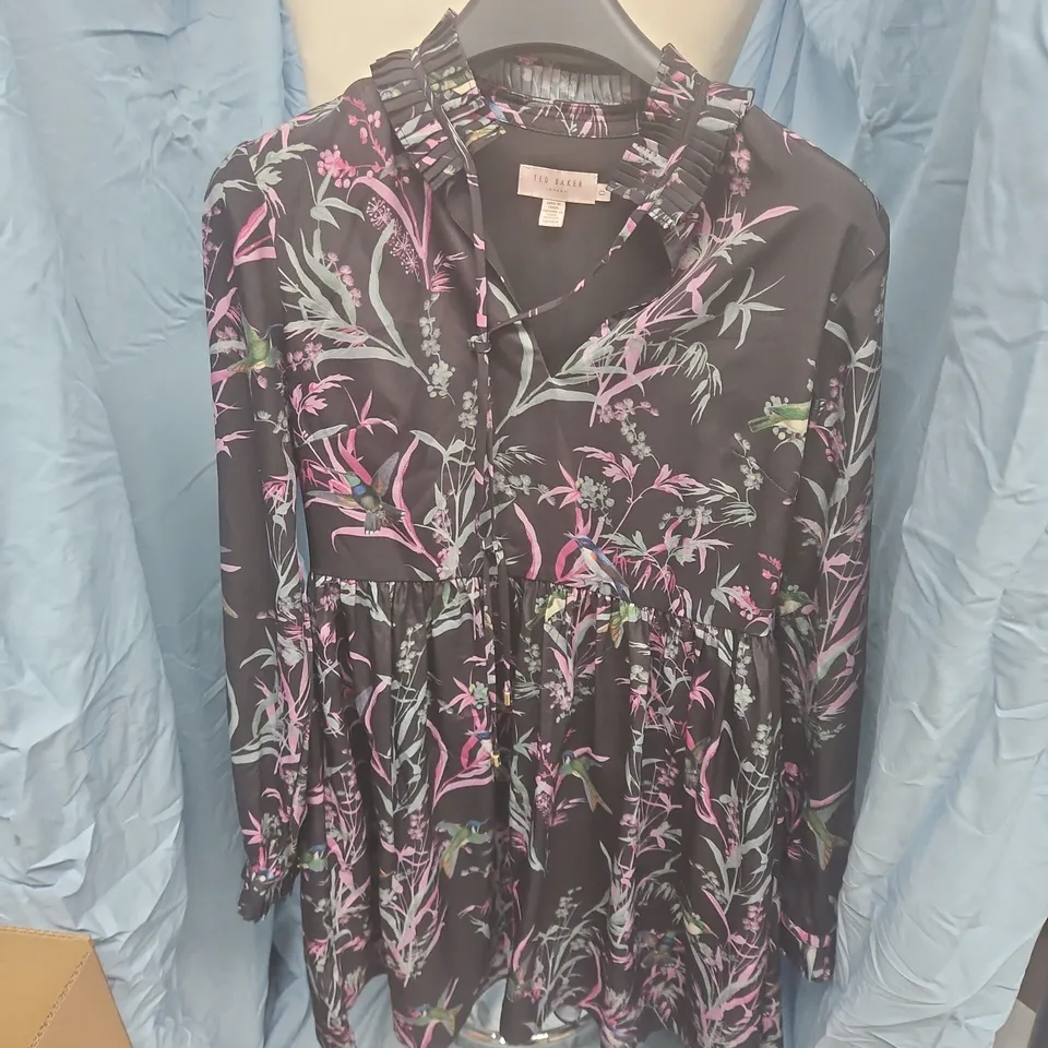 TED BAKER LONDON FLORAL PRINT DRESS, BLACK WITH PINK & PURPLE FLOWERS