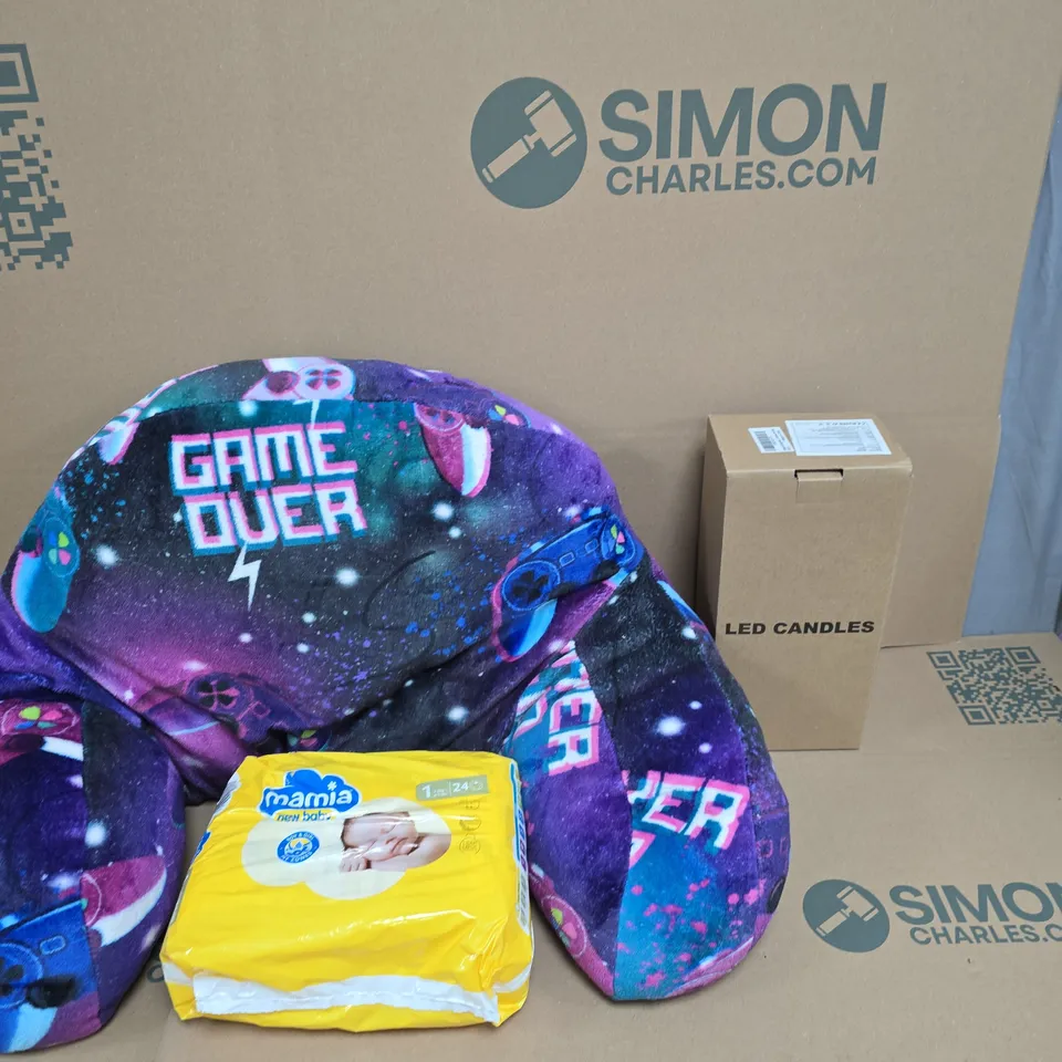 BOX OF APPROXIMATELY 15 ASSORTED HOUSEHOLD ITEMS TO INCLUDE GAME OVER BED CUSHION, MAMIA NAPPIES AND LED CANDLES
