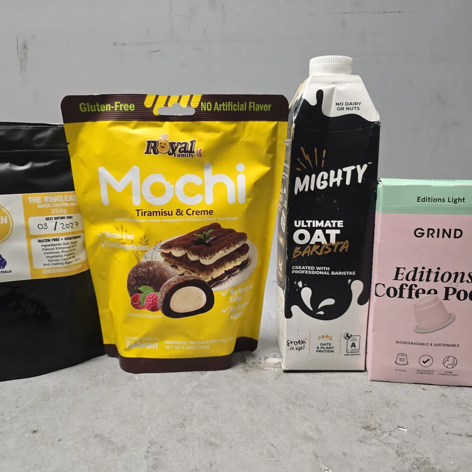 APPROXIMATELY 12 ASSORTED FOOD & DRINK ITEMS TO INCLUDE - MIGHTY OAT BARISTA , GRIND EDITIONS COFFEE PODS ETC