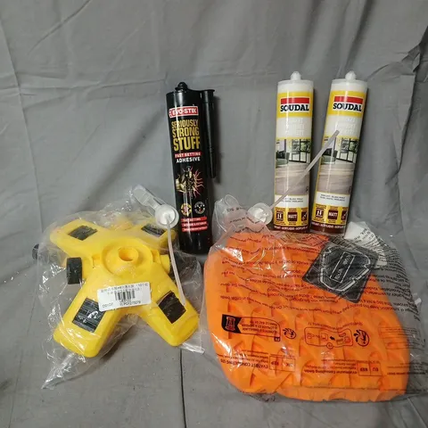 APPROXIMATELY 10 ASSORTED HOUSEHOLD ITEMS TO INCLUDE SPRAY BOTTLE LIDS, BACK PROTECTORS, SOUDAL PARKET, ETC