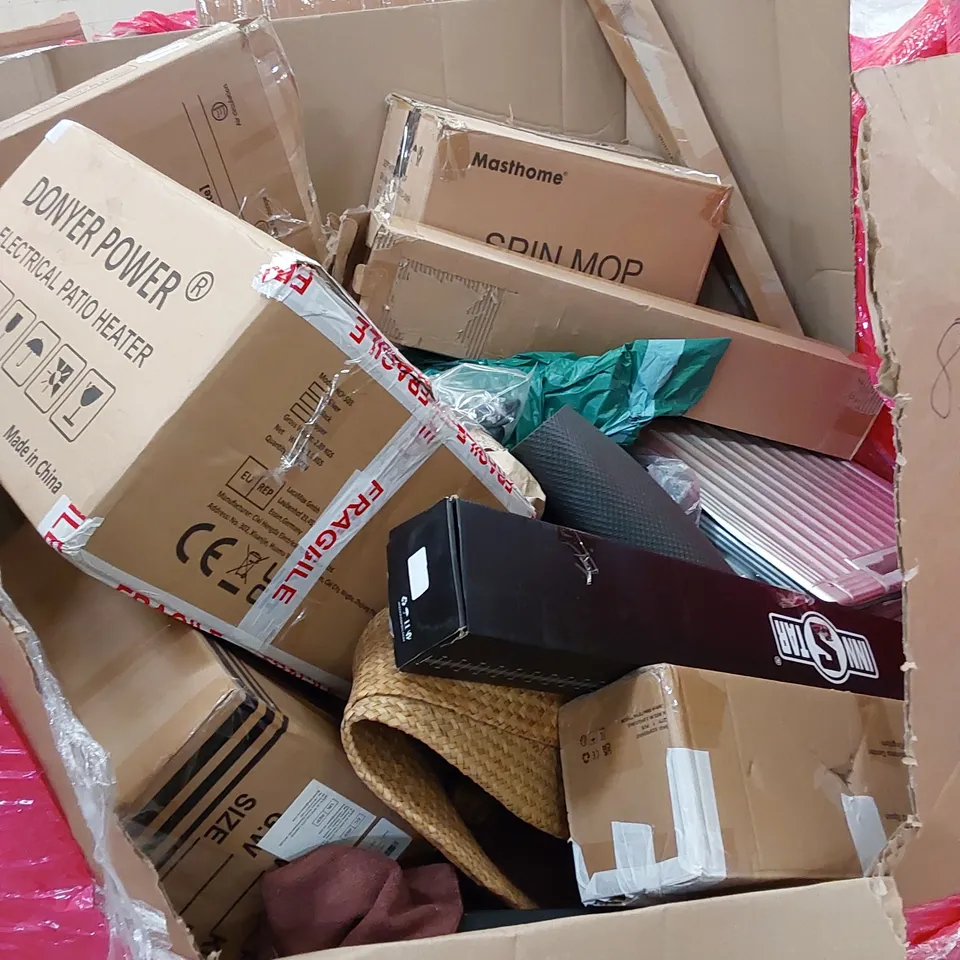 PALLET OF ASSORTED HOUSEHOLD ITEMS AND CONSUMER PRODUCTS. INCLUDING SCOOTER, TRAVEL CASE, PULL UP BAR, TOILET SEAT, AIR FRYER ETC