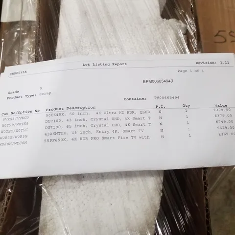 PALLET OF FIVE ASSORTED WAREHOUSE DAMAGED TV'S TO INCLUDE;