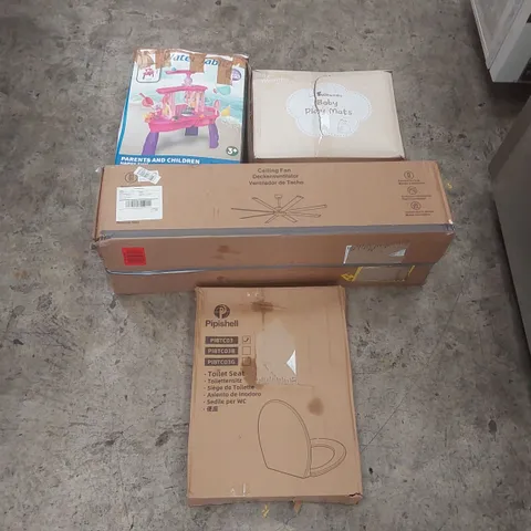 PALLET CONTAINING A LARGE QUANTITY OF ASSORTED ITEMS INCLUDING: TOILET SEAT, CEILING FAN, PLAY MAT, WATER TABLE GAME ECT