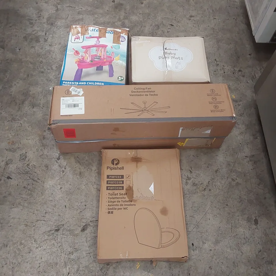 PALLET CONTAINING A LARGE QUANTITY OF ASSORTED ITEMS INCLUDING: TOILET SEAT, CEILING FAN, PLAY MAT, WATER TABLE GAME ECT