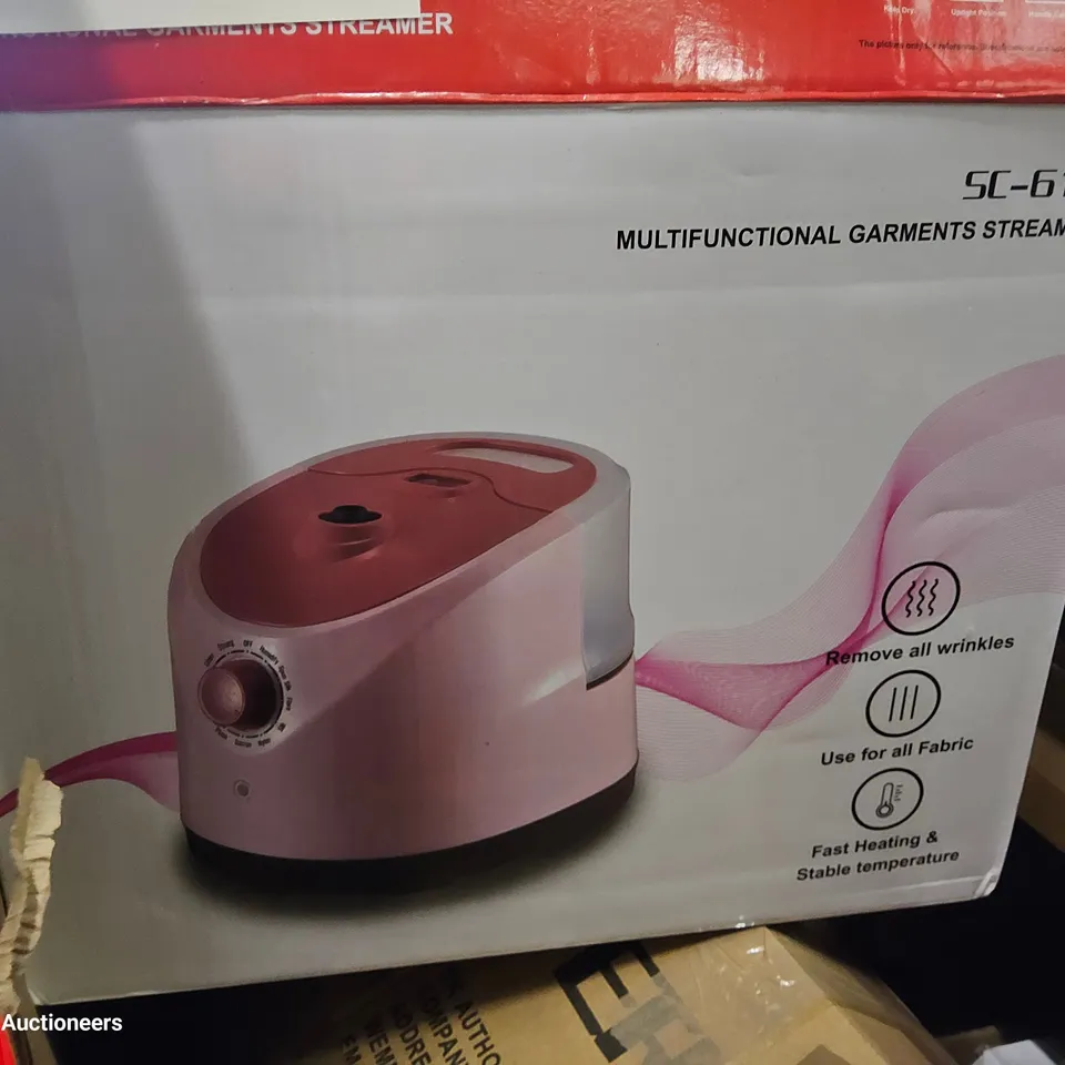 PALLET OF ASSORTED ITEMS TO INCLUDE, GARMDNT STEAM PRESS, OATIO STANDS, WOK, ROLLER BLIND, PET RAMP, TIMBER CAMPING WAGON.