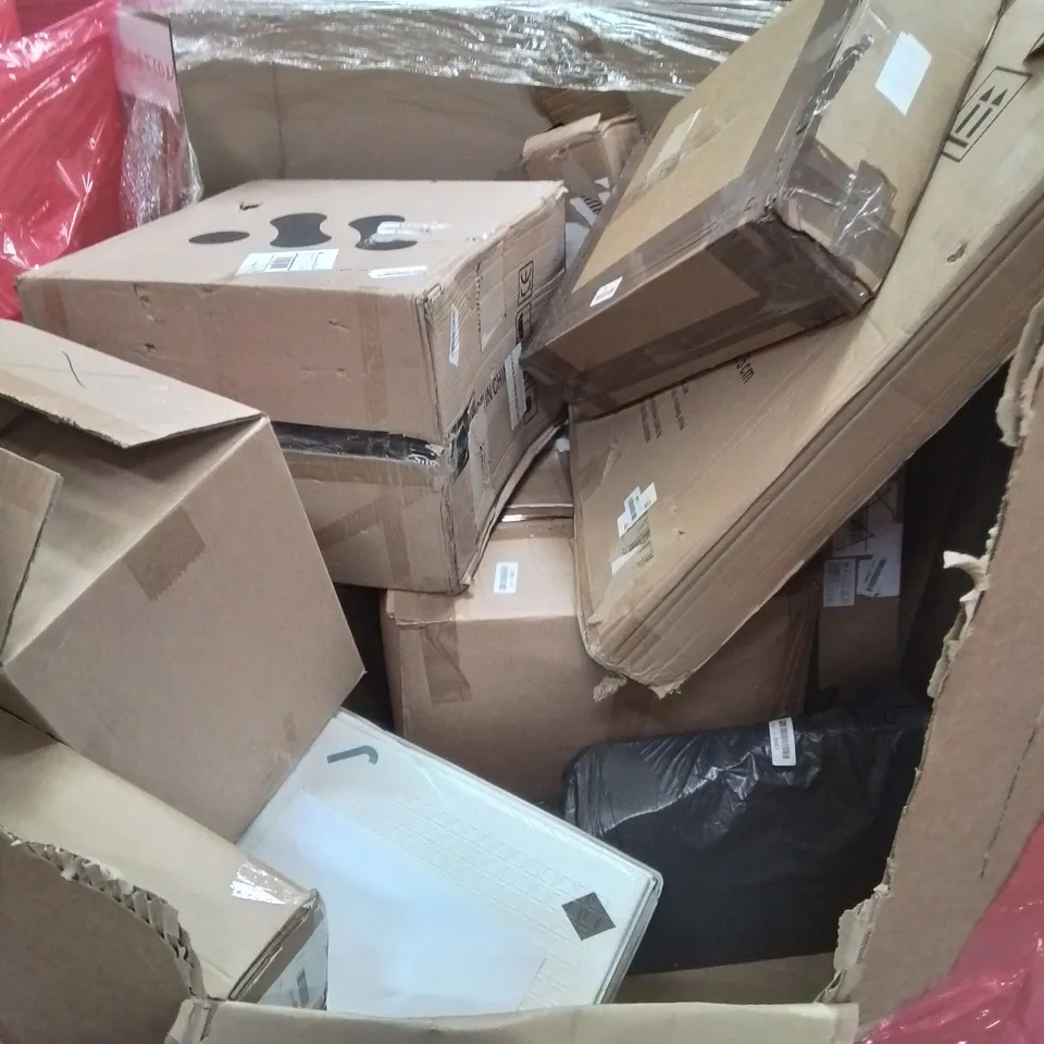 PALLET OF ASSORTED HOUSEHOLD GOODS AND PRODUCTS TO INCLUDE; RETRACTABLE GATE, STORAGE OTTOMAN, A3 BLACK SIGN STAND, BOXED FURNITURE ETC