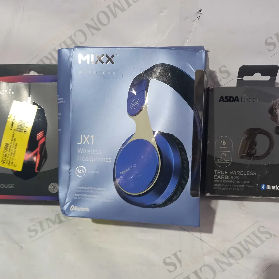 BOX OF APPROXIMATELY 20 ASSORTED ELECTRICAL ITEMS TO INCLUDE ASDA TECH WIRELESS EARBUDS, MIXX JX1 WIRELESS HEADPHONES, ASDA TECH GAMING MOUSE