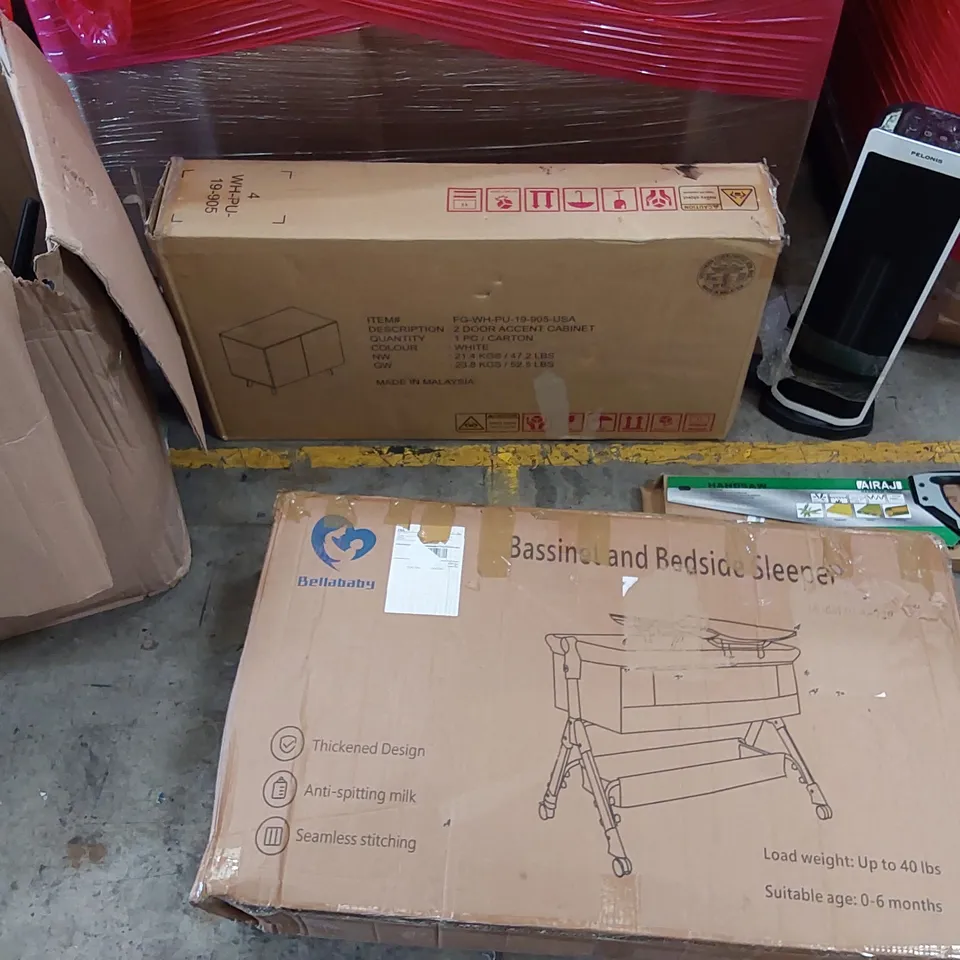 PALLET OF ASSORTED ITEMS INCLUDING: DESIGNER CHAIRS, 2 DOOR ACCENT CABINET, TOWER HEATER, BABY BED, HANDSAW
