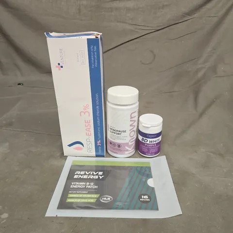 TOTE OF APPROXIMATELY 20 ASSORTED HEALTHCARE PRODUCTS TO INCLUDE 8D WHITE PURPLE TEETH CLEANING POWDER - REVIVE ENERGY PATCHES AND MENOPAUSE SUPPORT SUPPLEMENTS