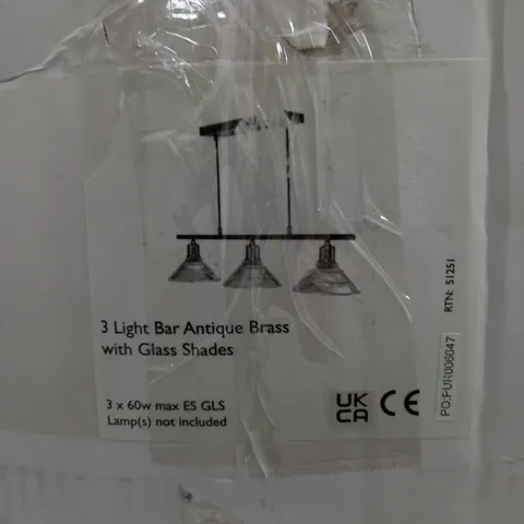 BOXED BOYD 3 LIGHT BAR HANGING ANTIQUE BRASS CEILING LIGHT WITH GLASS SHADE
