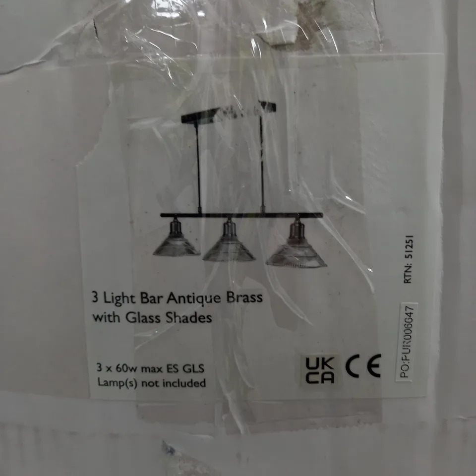 BOXED BOYD 3 LIGHT BAR HANGING ANTIQUE BRASS CEILING LIGHT WITH GLASS SHADE