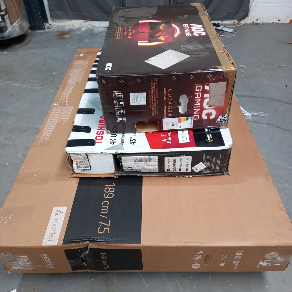 PALLET OF ASSORTED DAMAGED AND FAULTY TELEVISIONS AND MONITORS TO INCLUDE LG, TOSHIBA AND AOC - COLLECTION ONLY