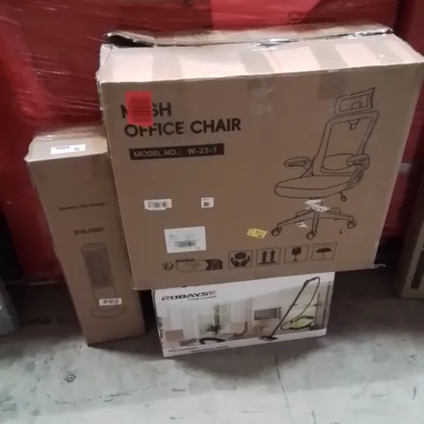 PALLET OF ASSORTED HOUSEHOLD GOODS AND PRODUCTS TO INCLUDE;FAN HEATER,OFFICE CHAIR,STEAM CLEANER 