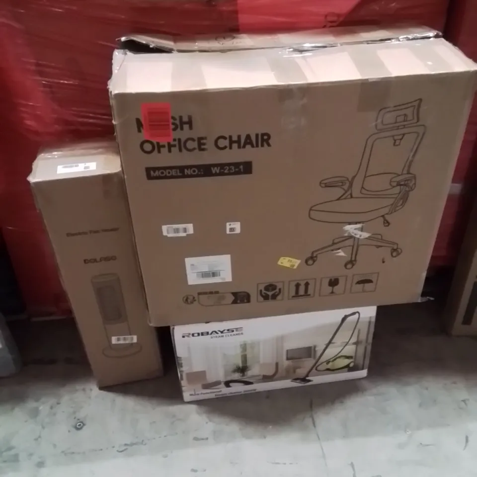 PALLET OF ASSORTED HOUSEHOLD GOODS AND PRODUCTS TO INCLUDE;FAN HEATER,OFFICE CHAIR,STEAM CLEANER 