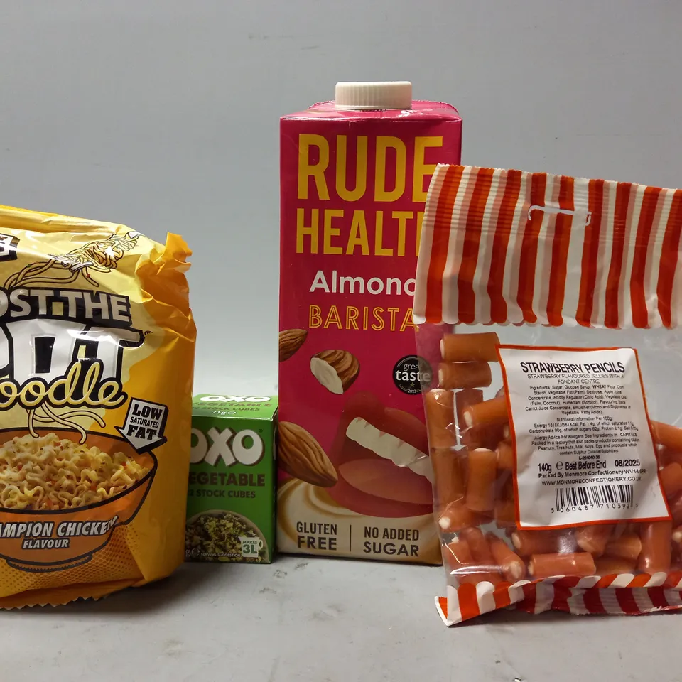 TOTE OF APPROX 5 ASSORTED FOOD ITEMS TO INCLUDE - STRAWBERRY PENCILS , OXO VEGETABLE STOCK CUBES , RUDE HEALTH ALMOND BARISTA ETC