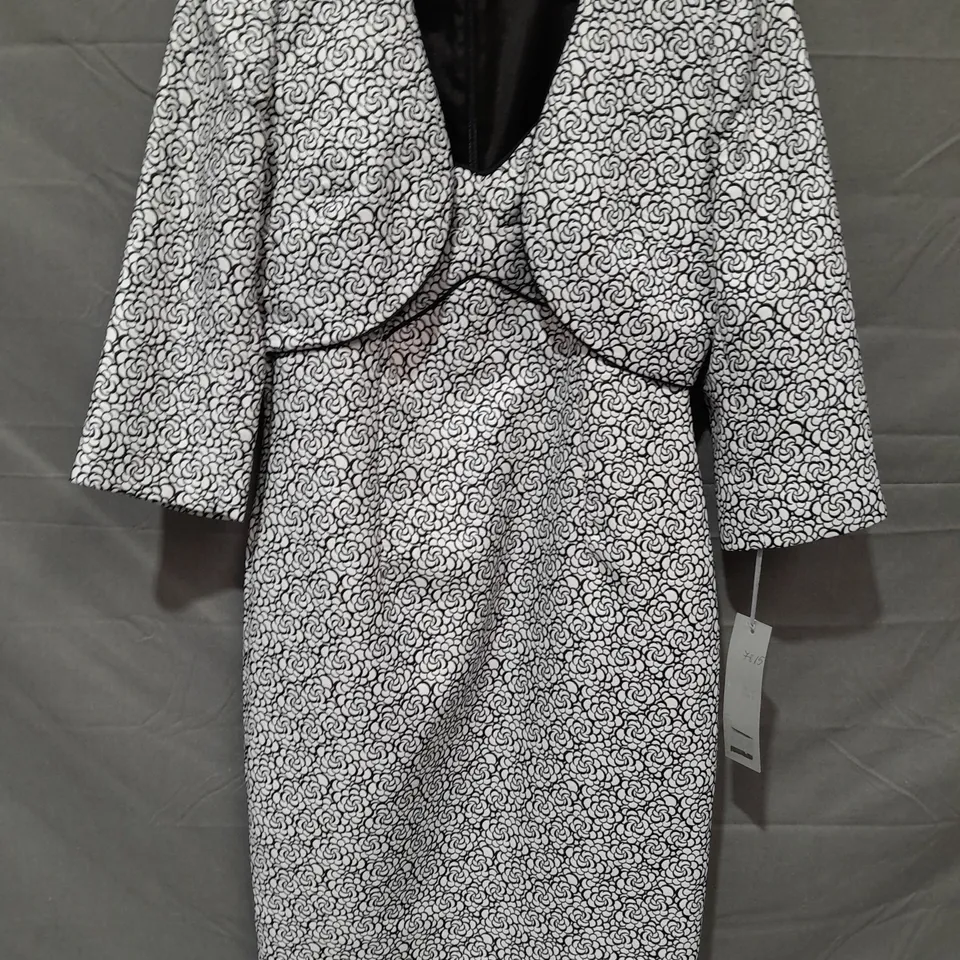 MICHAELA LOUISA PATTERENED BLACK ON WHITE DRESS AND JACKET SET - UK 12