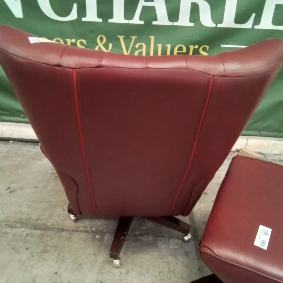 QUALITY BRITISH DESIGNER & MANUFACTURED G PLAN VINTAGE 62 SWIVEL CHAIR & FOOTSTOOL CAPRI CLARET LEATHER 