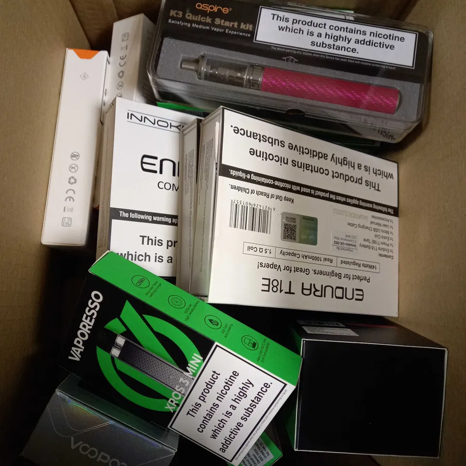 BOX OF APPROXIMATELY 10 ASSORTED E-CIGARATTES TO INCLUDE VAPEROSSO , ASPIRE, INNOKIN ETC.