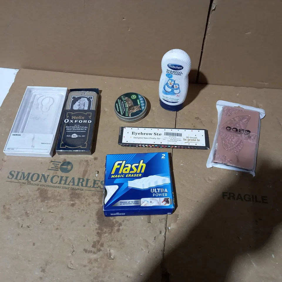 LOT OF APPROXIMATELY 7 ASSORTED HOUSEHOLD ITEMS TO INCLUDE FLASH MAGIC ERASER, HELIX OXFORD MATHIMATICAL INSTRUMENT SET, NOKIA PHONE CASE ETC