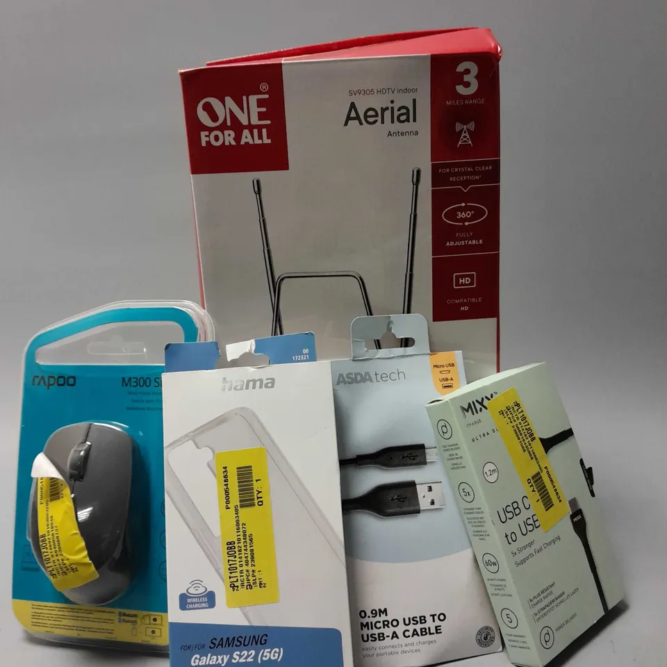 APPROXIMATELY 20 ASSORTED ELECTRICAL ITEMS TO INCLUDE ONE FOR ALL AERIALS, MOUSE, PHONE CASE, ETC