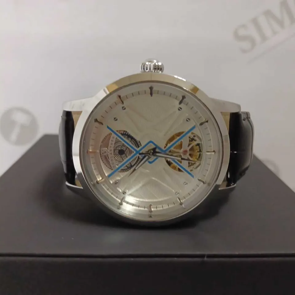 MENS VONLANTHEN AUTOMATIC WATCH – SILVER AND BLUE TEXTURED DIAL - GLASS EXHIBITION BACKCASE – BLACK LEATHER STRAP