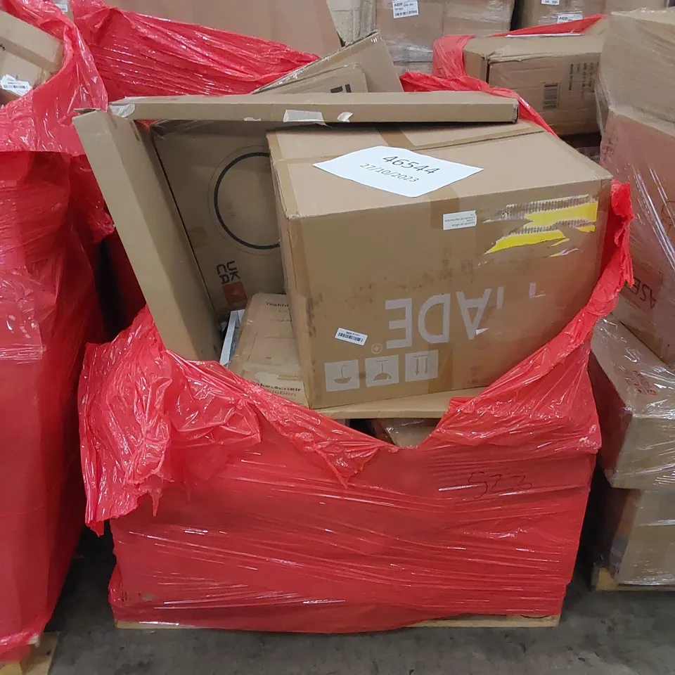 PALLET CONTAINING ASSORTED HOUSEHOLD PRODUCTS. INCLUDES CLOCK, BATHROOM MIRROR, BOXED FURNITURE ETC