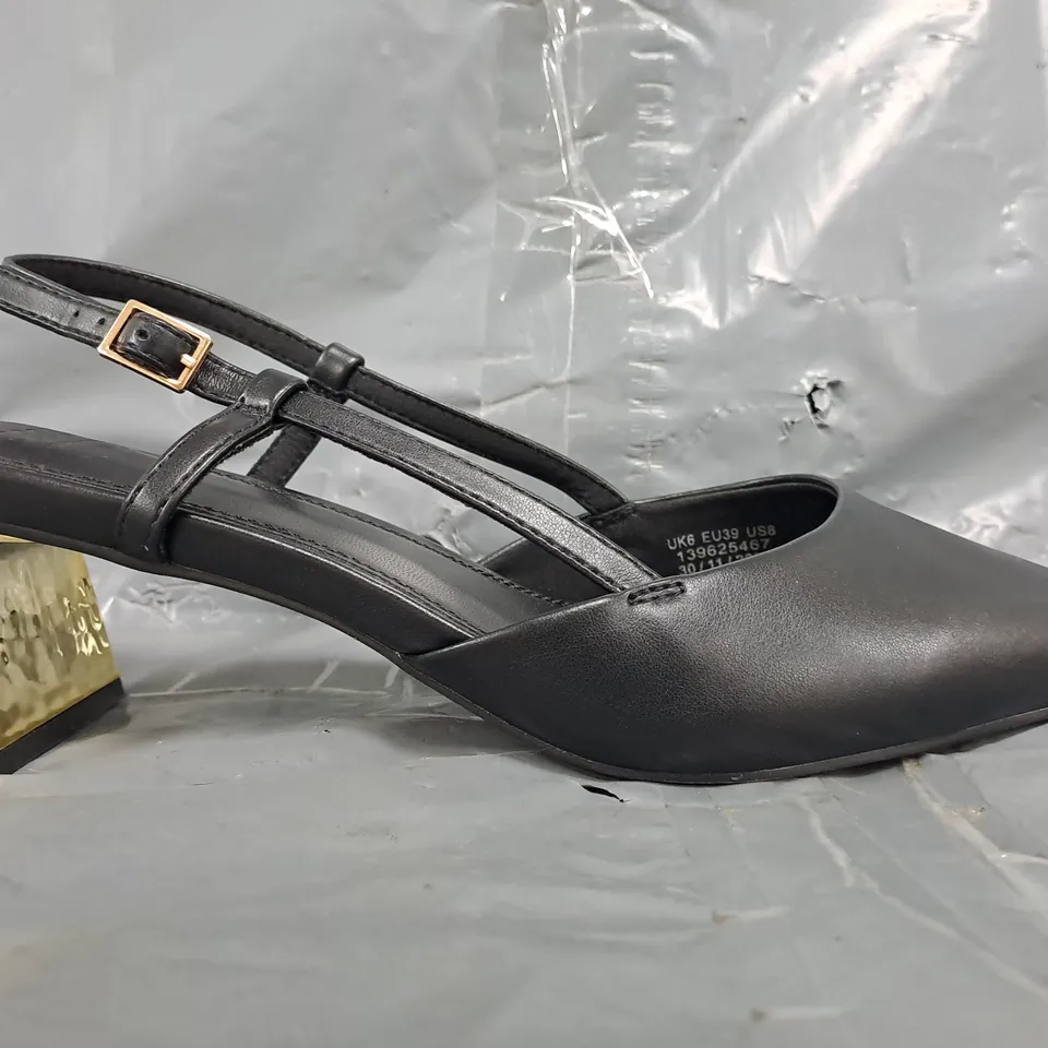BOXED PAIR OF ASOS DESIGN STYLISH SLINGBACK MID BLOCK HEEL POINTED TOE SHOES IN BLACK SIZE UK 6