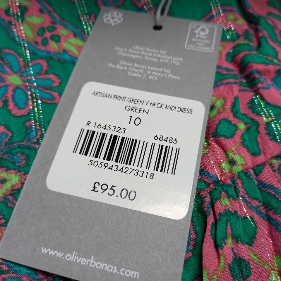 OLIVER BONAS ARTISAN PRINT GREEN V-NECK MIDI DRESS - 10