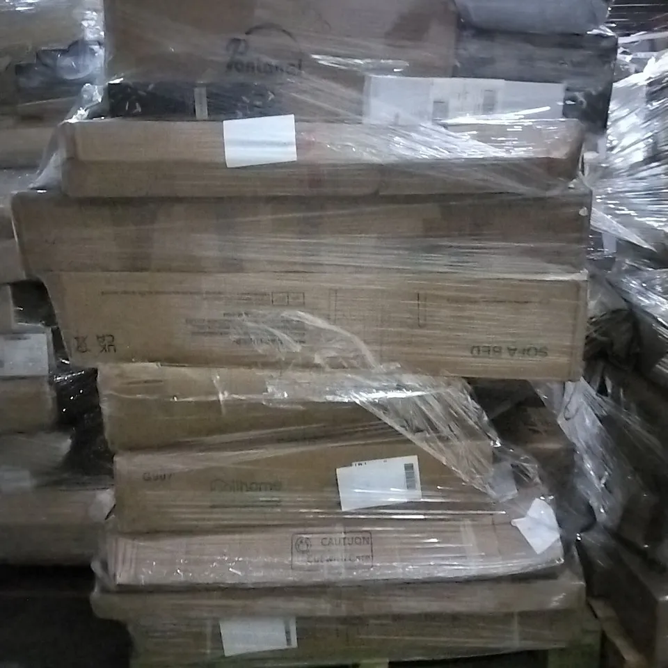 PALLET OF HOUSEHOLD ITEMS TO INCLUDE TABLE, SOFA BED,  THERMAL BRUSH, ELECTRIC FIREPLACE AND OTHER ASSORTED ITEMS...