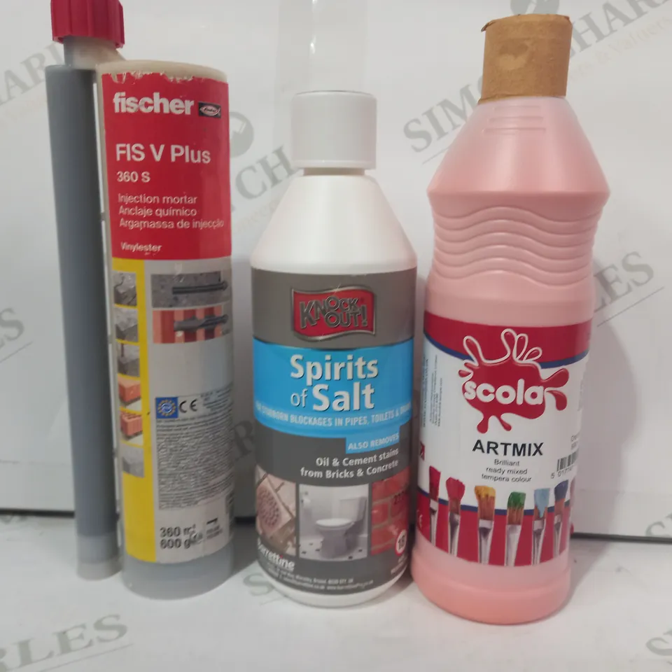 LOT OF APPROXIMATELY 10 ASSORTED HOUSEHOLD ITEMS TO INCLUDE SCOLA ARTMIX, KNOCK OUT SPIRITS OF SALT, FISCHER FIS V PLUS, ETC - COLLECTION ONLY