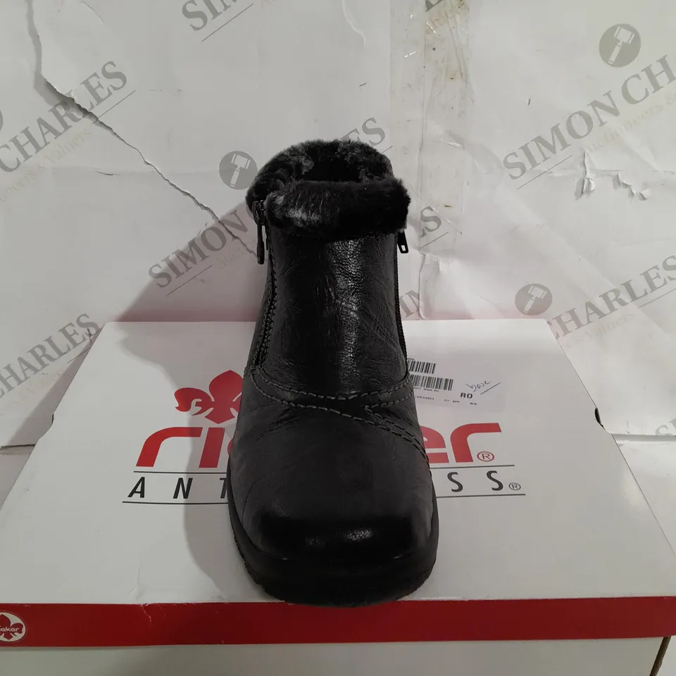 BOXED RIEKER ANKLE BOOTS WITH FUR CUFF, BLACK - SIZE 6