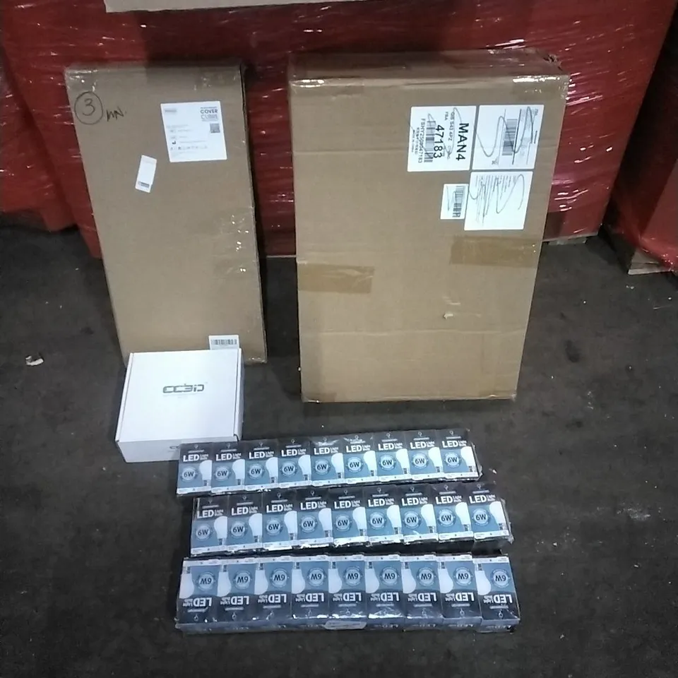 PALLET OF HOUSEHOLD ITEMS TO INCLUDE CHOPPING BOARD, 3D PRINTER FILAMENT, CAT LITTER TRAY, 6W LED BULBS, AND OTHER ASSORTED ITEMS...