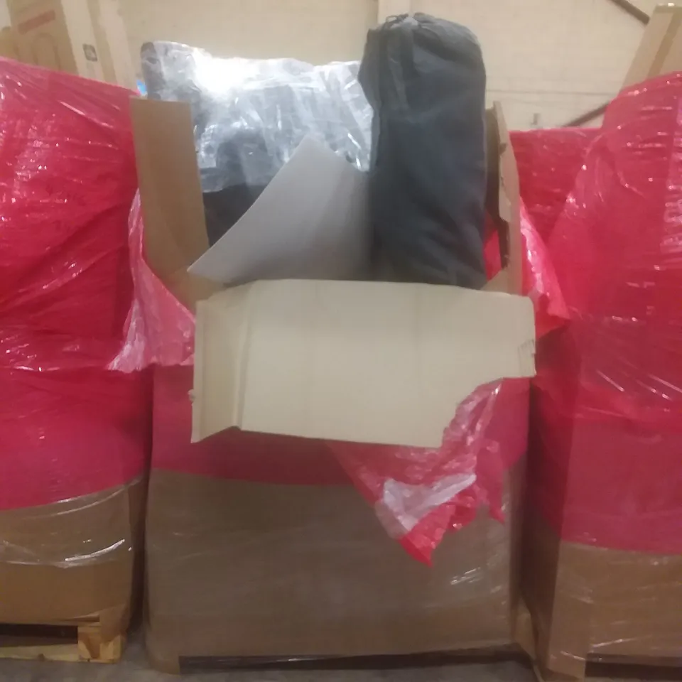 PALLET OF ASSORTED HOUSEHOLD PRODUCTS AND ITEMS, INCLUDING; SAFE, COWGIRL HAT, KNITTING MACHINE, GOLF TRAINING NET, KITCHEN FAUCET, COMPUTER MONITOR ETC