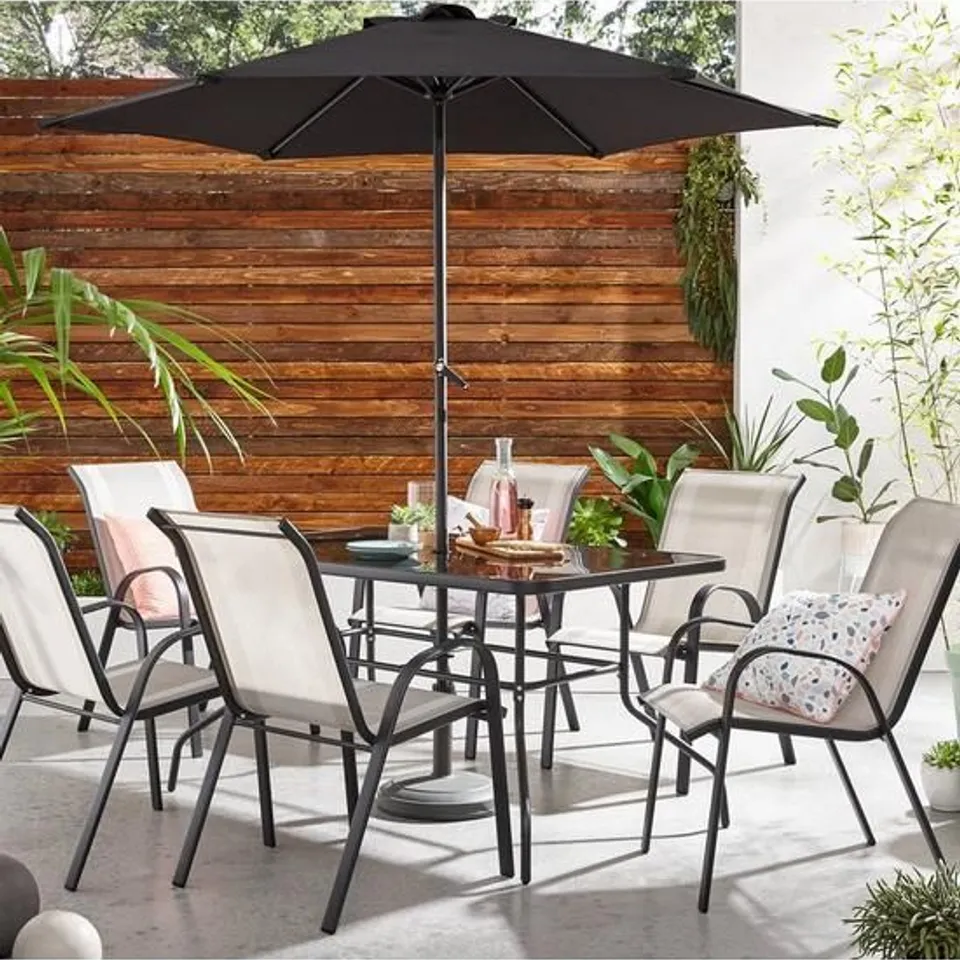 BRAND NEW BOXED PROVINCE 8-PIECE PATIO DINING SET, RECTANGULAR GLASS TOP TABLE, 6 CHAIRS & PARASOL (3 BOXES)