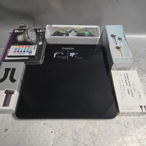 TOTE OF ASSORTED ITEMS TO INCLUDE SCALES, SWIMMING GOGGLES AND LED LIGHT