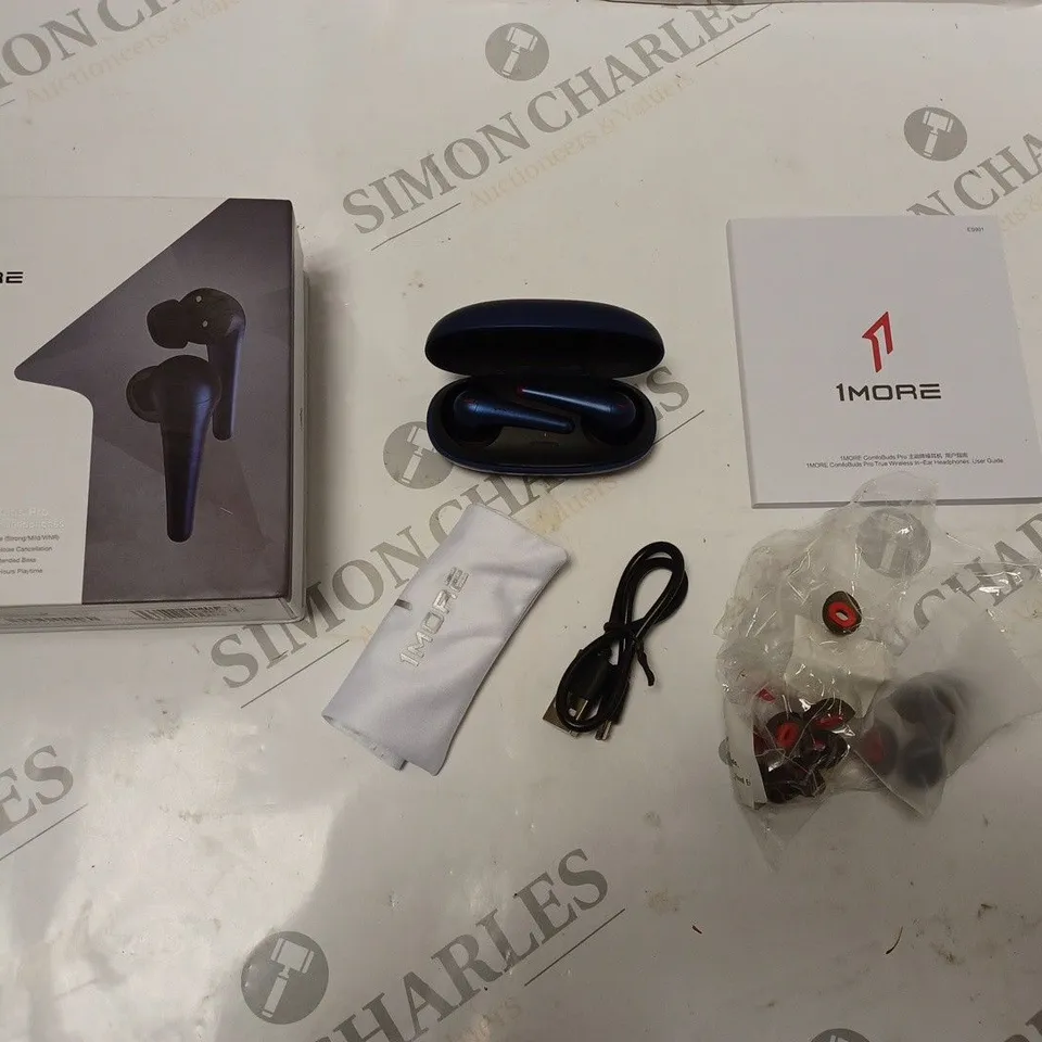 BOXED 1MORE COMFOBUDS PRO TRUE WIRELESS IN-EAR HEADPHONES WITH CHARGING DOCK, USB CABLE, ACCESSORIES AND INSTRUCTIONS