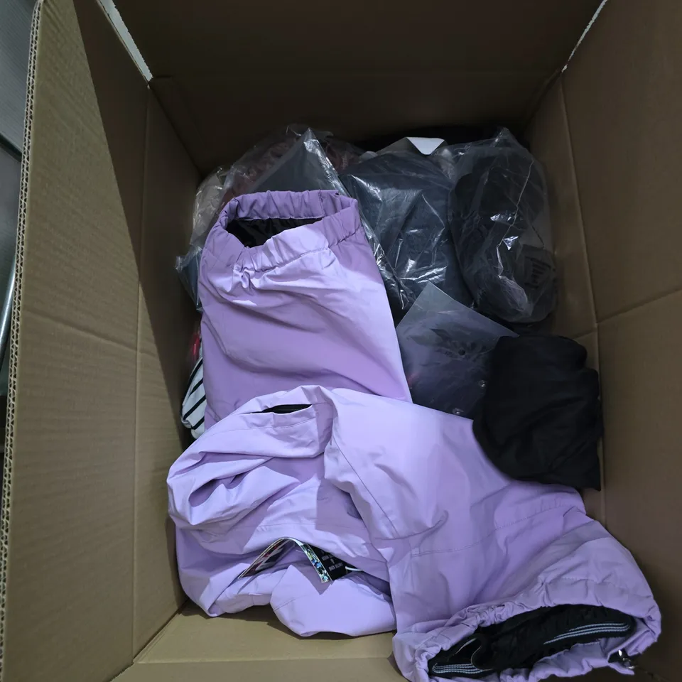BOX OF APPROXIMATELY 25 CLOTHING ITEMS INCLUDING:BLACK DRESS PANTS, BLACK CARGOS AND FUR COAT