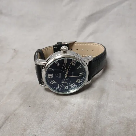 ERNEST FERDINAND QUARTZ WRISTWATCH β BLUE DIAL, ROMAN NUMERALS, BLACK LEATHER STRAP