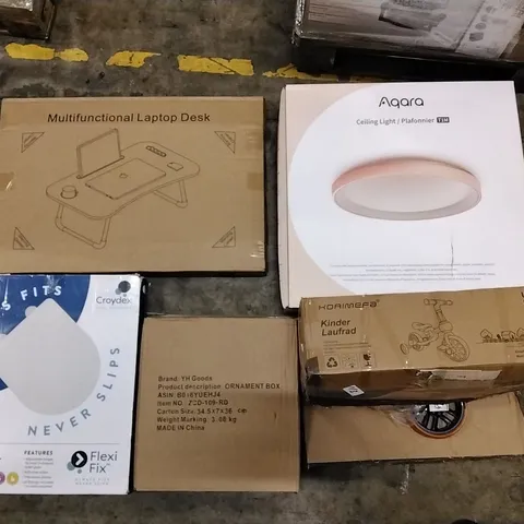 PALLET OF ASSORTED PRODUCTS INCLUDING TOILET SEAT, MULTIFUNCTIONAL LAPTOP DESK, CEILING LIGHT, ORNAMENT BOX, KIDS TRICYCLE