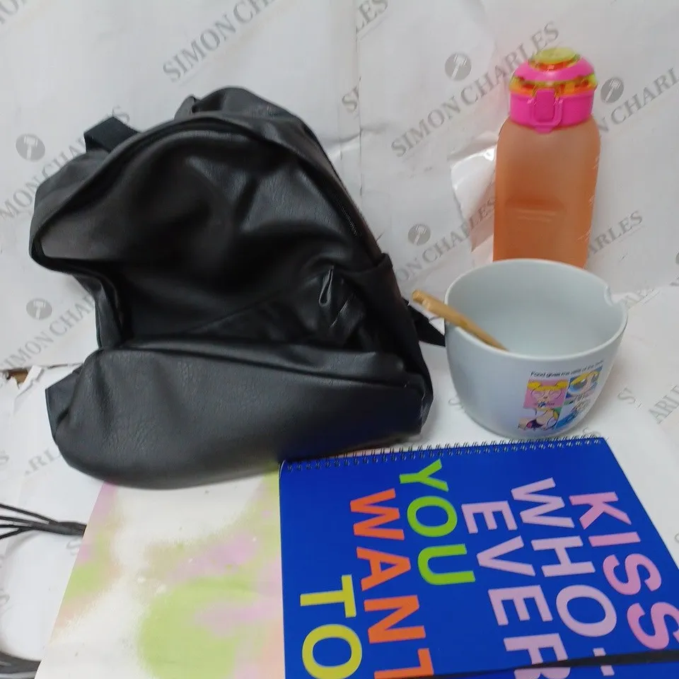 APPROXIMATELY 7 COTTON ON ITEMS INCLUDING BLACK LEATHER STYLE BACKPACK, LARGE FOOD BOWL AND BOTTLE, NOTEBOOK