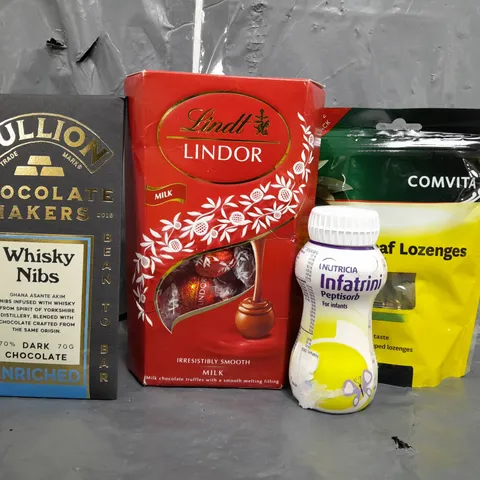 APPROXIMATELY 10 ASSORTED FOOD/DRINK PRODUCTS TO INCLUDE OLIVE LEAF LOZENGES, LINDOR CHOCOLATE, ETC