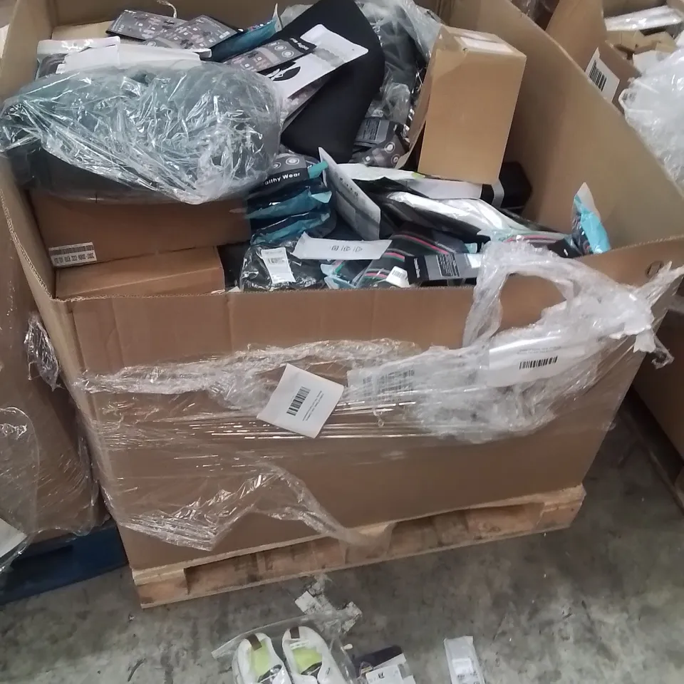PALLET CONTAINING A LARGE QUANTITY OF TECH,CLOTHING,BEAUTY,TOOL ACCESSORIES TO INCLUDE;SAMSUNG UNIVERSAL REMOTES,APPLE STRAP WATCHES,TRAINERS