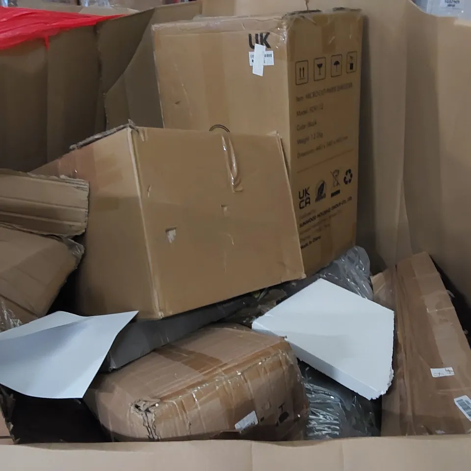 PALLET TO CONTAIN ASSORTED HOUSEHOLD ITEMS AND CONSUMER PRODUCTS. INCLUDING PAPER SHREDDER, BOXED FURNITURE ETC