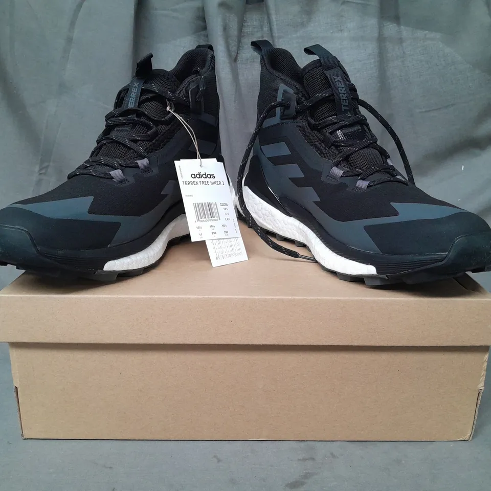 BOXED PAIR OF ADIDAS TERREX FREE HIKER 2 ANKLE BOOTS IN BLACK UK SIZE 10.5