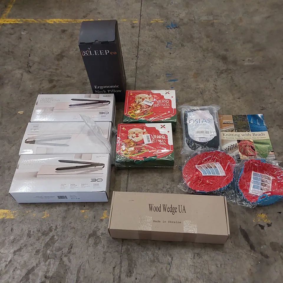 PALLET OF ASSORTED HOUSEHOLD ITEMS AND CONSUMER PRODUCTS. INCLUDING HAIR STRAIGHTENERS, COSPLAY WIG, NECK PILLOW, SILICA GEL BAKING TRAYS ETC