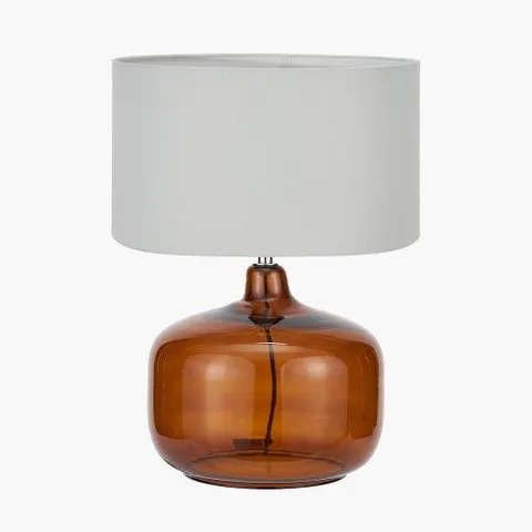 BOXED CORBY AMBER GLASS TABLE LAMP BASE WITH HARRY 40CM IVORY COTTON MIX CYLINDER LAMPSHADE