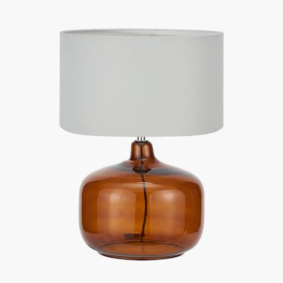 BOXED CORBY AMBER GLASS TABLE LAMP BASE WITH HARRY 40CM IVORY COTTON MIX CYLINDER LAMPSHADE
